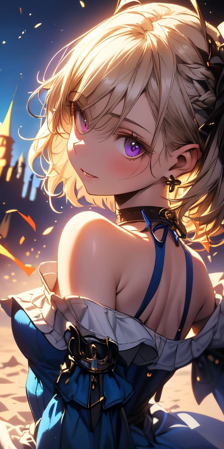( masterpiece , better quality , ultra detailed , best shadow), ( detailed background,fancy oscura), ( beautiful and detailed face ), high contrast, ( better lighting, an extremely delicate and beautiful), (( cinematic light)), colorful, hyper detail, dramatic light, intricate details , (1 girl, Alone, white hair, sharp face, purple eyes, hair between the eyes, dynamic angle), Bloodspatter , black light swirling around the character , depth of field,Black light particles,(broken glass),magic circle,ung girl, Portrait looking straight ahead, Background with(( Celtic world , beautiful sky, bright sky , sunshine, castle, horizon)), Girl with(((ash blonde hair, short hair, one side up:1.15), (manos perfectas, five fingers:1.15), (camisoles , braces, belt, blue clothes, cruz, choker, clavicle, dress, wind blowing dress, lace dress, Ruffle sweaters , off-shoulder sleeves , half sleeves, Black high-heeled shoes, , White legwear , high stockings , medieval clothing, fancy)))