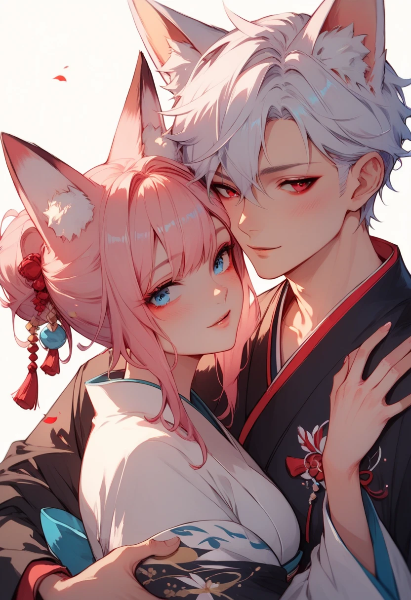 2 characters, ((First female, Long pink hair, Fox ears, Blue eyes)), White kimono with pink and blue accent, ((Second Male Short white hair, Fox ears, Red eyes)), Black Kimono with white accent, Hugging
