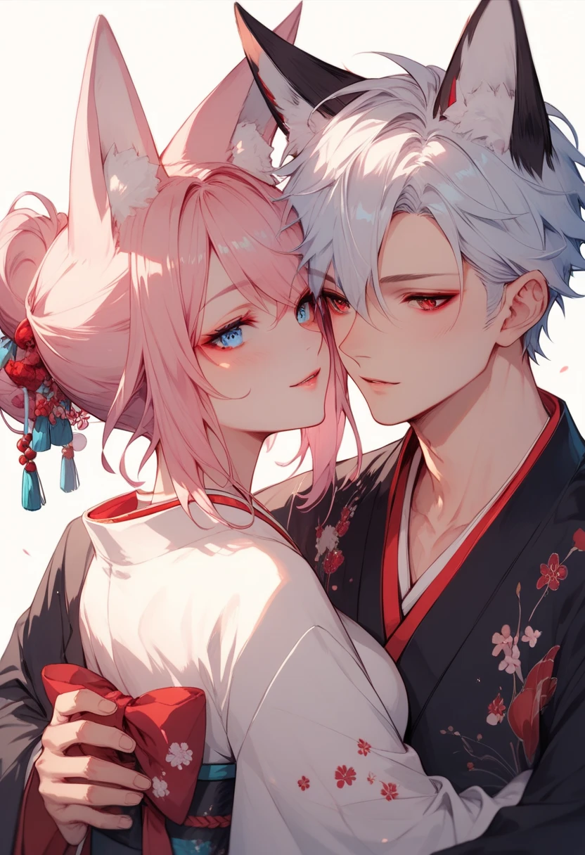 2 characters, ((First female, Long pink hair, Fox ears, Blue eyes)), White kimono with pink and blue accent, ((Second Male Short white hair, Fox ears, Red eyes)), Black Kimono with white accent, Hugging
