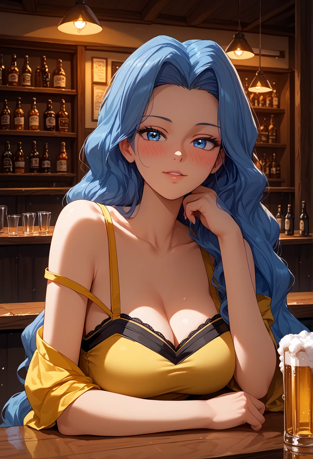 Perfect CG unity 8K UHD wallpaper, Perfect CG unity 8K UHD wallpaper, 1girl, solo, pkmnKaren, very long hair, blue hair, blue eyes, slim, large breasts, cleavage, yellow tank top, ((off shoulder strap)), indoors, sitting_across_from, bar, upper body, breasts on bar, leaning forwards, breast rest, holding half full beer glass, bottle, ((bare shoulder)), blush, drunk, foam on breasts,