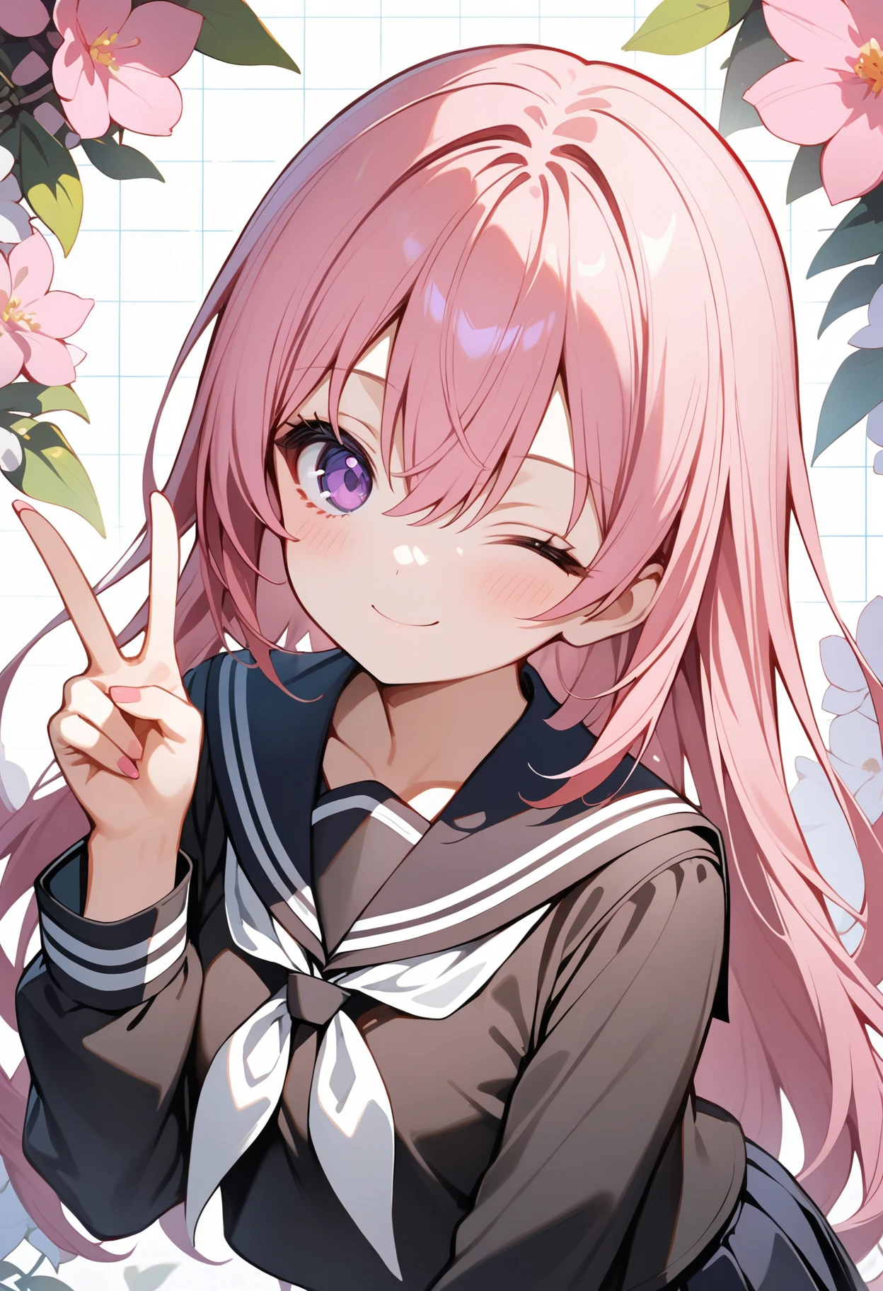 best quality, amazing quality, great quality, absurdres, 1girl, solo, pink hair, purple eyes, hair between eyes, long hair, black sailor collar, black skirt, school uniform, serafuku, white neckerchief, standing, v, upper body, looking at viewer, floral background, one eye closed, smile, closed mouth, grid background,