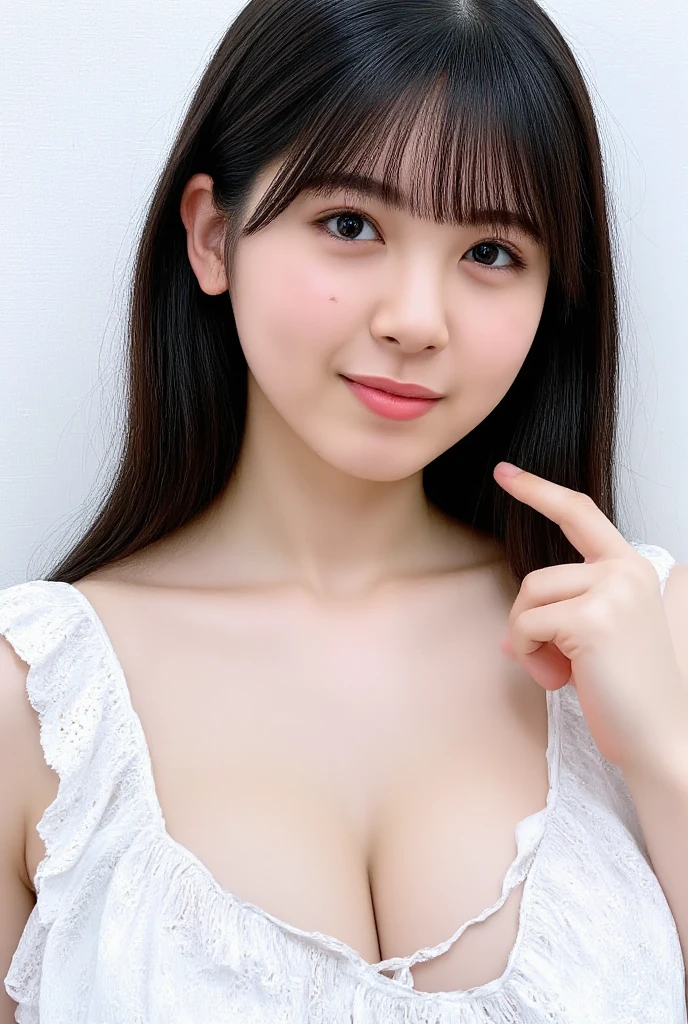 Only one woman with a cute smile wears cute , white bikini,chill at beach,extra large breast, , visible cleavage,View above collarbone、The background is a monotone ,( gigantic breast) 

