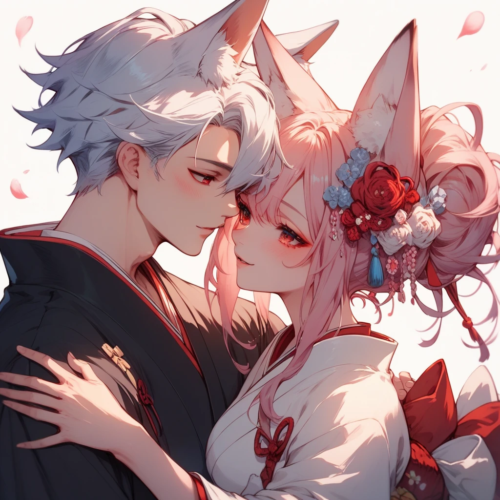 2 characters, ((First female, Long pink hair, Fox ears, Blue eyes)), White kimono with pink and blue accent, ((Second Male Short white hair, Fox ears, Red eyes)), Black Kimono with white accent, Hugging