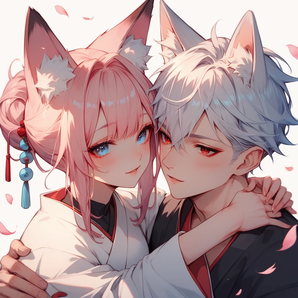 2 characters, ((First female, Long pink hair, Fox ears, Blue eyes)), White kimono with pink and blue accent, ((Second Male Short white hair, Fox ears, Red eyes)), Black Kimono with white accent, Hugging