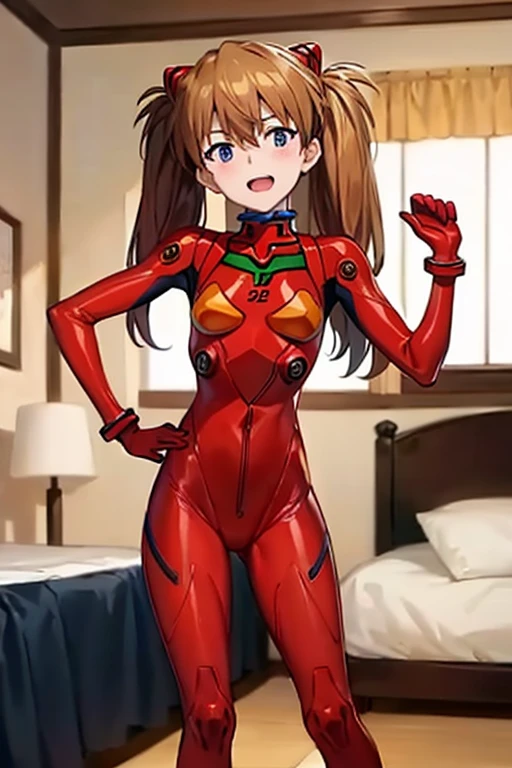 (( best quality)), ((masterpiece)), (be familiar with),  perfect face, indoor, bedroom,  viewer,
One woman,  Soryu Asuka Langley ,
 open mouth,  ecstatic expression with hands in front of body, blush, smile,
 small tits,  flat chested, Young girl, Lori,  s,  girl,
 long hair,  twin tails,
Leg spread,