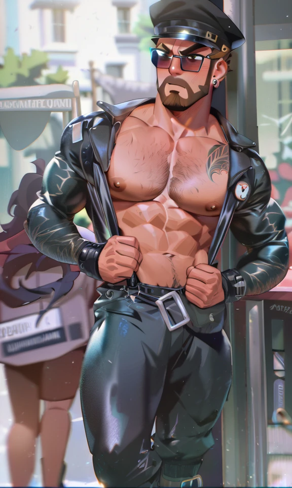 1boy,male only,tank top,pulled down pants, erect penis, cyber punk,neon light,short black hair, stubble, muscular, detailed face, best quality