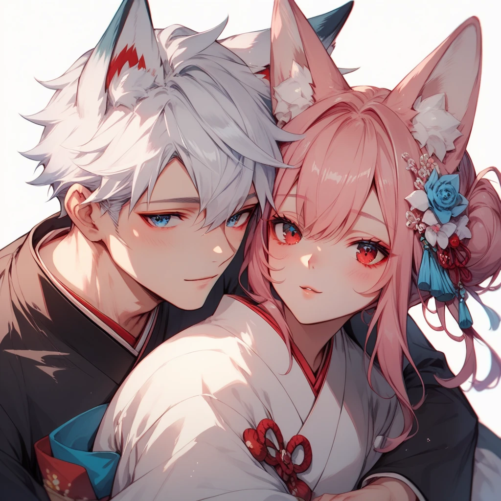 2 characters, ((First female, Long pink hair, Fox ears, Blue eyes)), White kimono with pink and blue accent, ((Second Male Short white hair, Fox ears, Red eyes)), Black Kimono with white accent, Cuddling