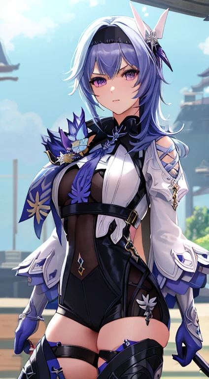 mast、 best quality、 1 girl、thunder and lightning (Genshin Impact)、Purple Hair、 purple eyes、 long hair、 headband 、 hair accessory with an open crotch、 Staring at the Audience 、From the side、Jura Special Weapon Claymore Sword