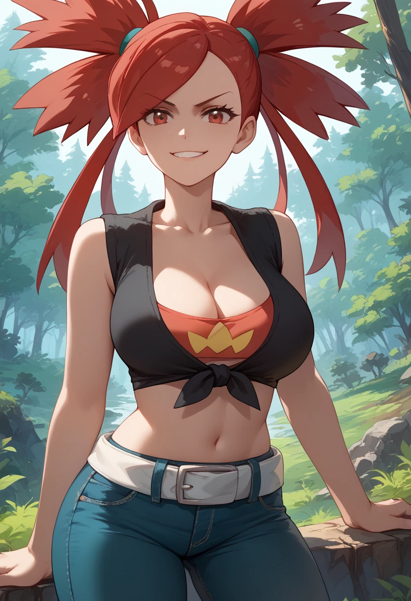 Perfect CG unity 8K UHD wallpaper, Perfect CG unity 8K UHD wallpaper, solo, flannery (pokemon), red hair, red eyes, front-tie top, cleavage, sleeveless, white belt, midriff, navel, denim jeans, outdoor, forest, (erupting volcano), large breasts, smug