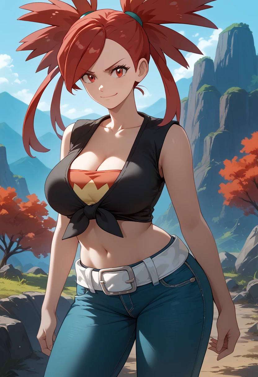 Perfect CG unity 8K UHD wallpaper, Perfect CG unity 8K UHD wallpaper, solo, flannery (pokemon), red hair, red eyes, front-tie top, cleavage, sleeveless, white belt, midriff, navel, denim jeans, outdoor, (erupting volcano), large breasts, smug