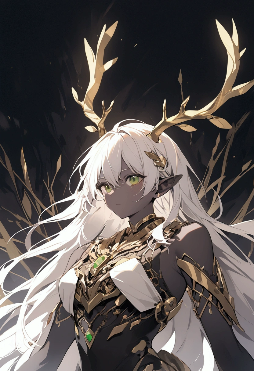 1creature looking robotic with golden antlers, green eyes and white hair, gray mask and black skin 