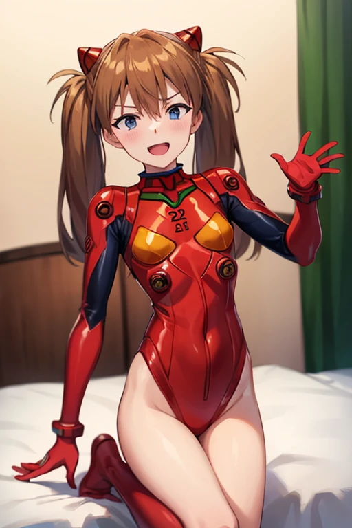 (( best quality)), ((masterpiece)), (be familiar with),  perfect face, indoor, bedroom,  viewer,
One woman,  Soryu Asuka Langley ,
 open mouth,  ecstatic expression with hands in front of body, blush, smile,
 small tits,  flat chested, Young girl, Lori,  s,  girl,
 long hair,  twin tails,
Leg spread,