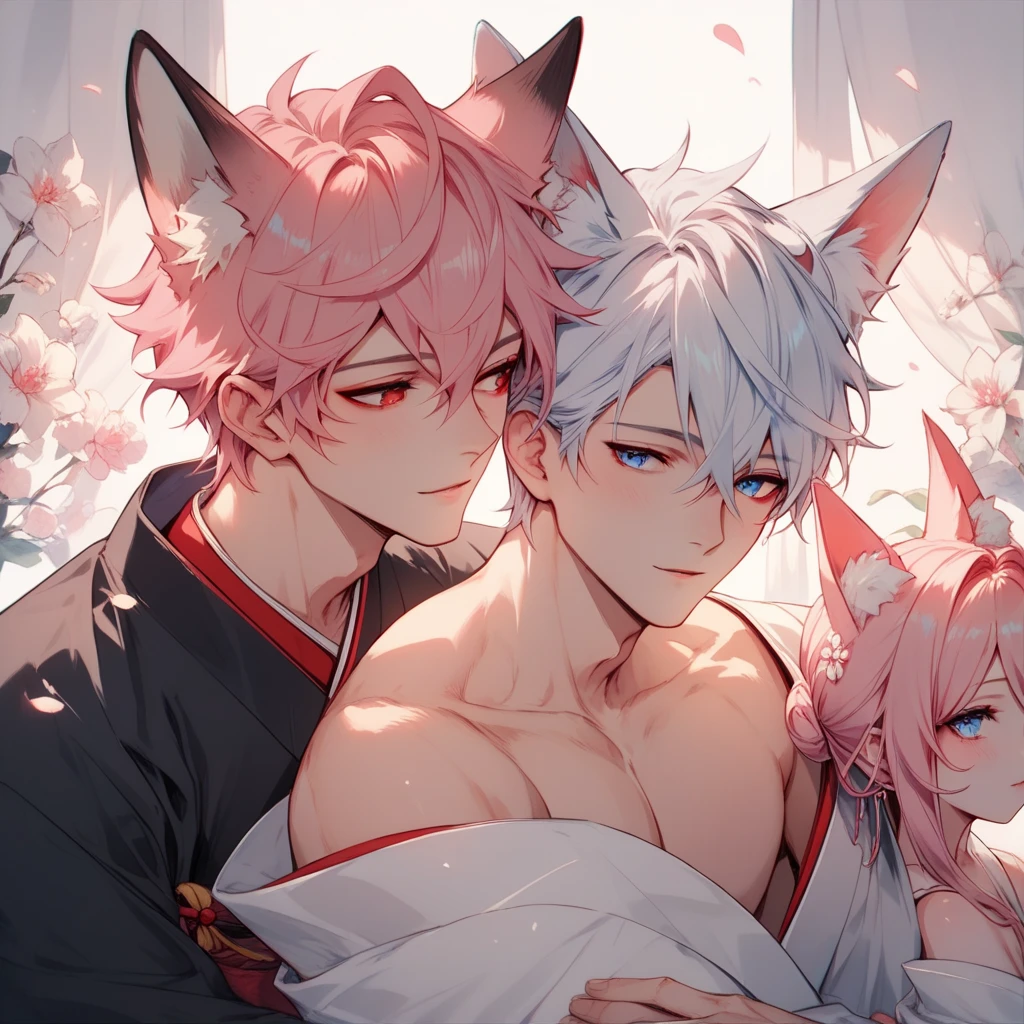 2 characters, ((First female, Long pink hair, Fox ears, Blue eyes)), White kimono with pink and blue accent, ((Second Male Short white hair, Fox ears, Red eyes)), Black Kimono with white accent, Cuddling, Modern bedroom