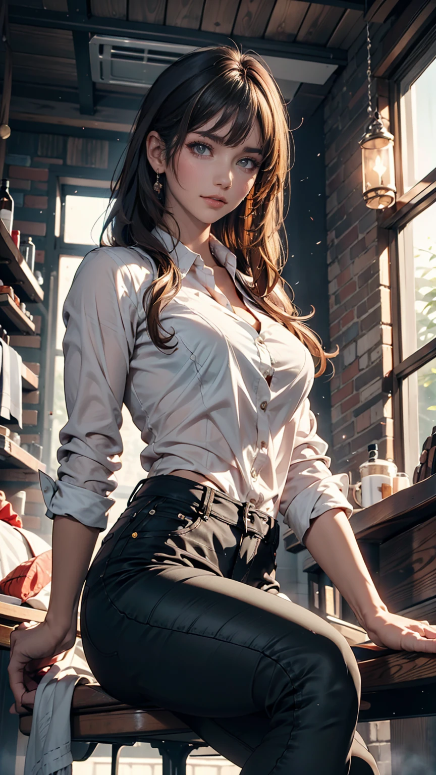 beautiful,  Masterpiece ,  best quality, extremely detailed face,  Complete,  1 girl , Alone, Giovanna MS,  cowboy shooting,  white shirt,  black pants ,  sitting,  widens legs