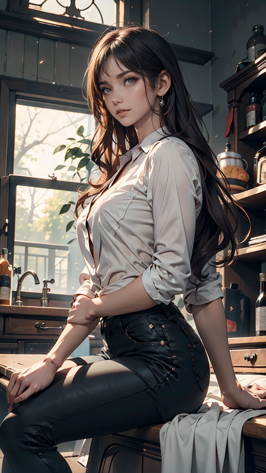 beautiful,  Masterpiece ,  best quality, extremely detailed face,  Complete,  1 girl , Alone, Giovanna MS,  cowboy shooting,  white shirt,  black pants ,  sitting,  widens legs