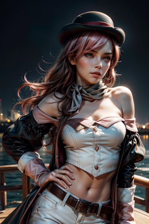 (Best Quality, 8k, Masterpiece: 1.3), young steampunk woman in red hair and steampunk goggles, in the style of gothic chic, dark white and dark pink, dark gold and light crimson, dark crimson and light black, witchcore, dark silver and dark pink, mallgoth, steampunk purple corset, steampunk top hat, victorian age dress, neon, mist, ((cartoon: 0.5)), tight, slim legs, neon signs, dynamic pose, big chest, big neckline, bare arms, slim body, ((slim hips:1.5)), ((fitness abs:0.3)),(butt size:0.9), slim, high heels, crouched, fully dressed