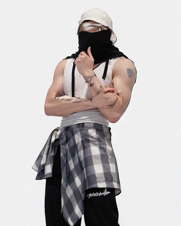 male posing, boxerbriefs, skinny body, atmospheric, cute face, white hair, blood, mask, harness, dead inside, white school shirt
