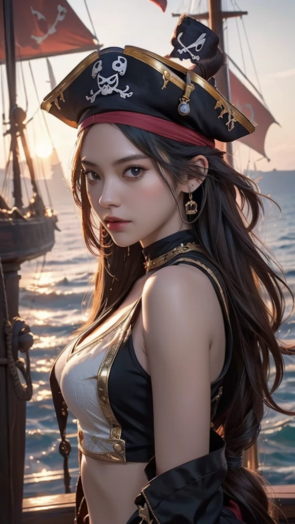 (best quality,ultra-detailed,realistic:1.37),Jisoo Blackpink in a pirate costume,pirate hat,tailored pirate outfit,striking pose,mesmerizing expression,swaggering walk,golden thread embroideries,flowing black hair,captivating eyes,beautiful detailed lips,strong and confident gaze,pirate ship on a stormy sea,dark and mysterious atmosphere,fierce sea waves crashing against the ship,stormy clouds in the sky,palm trees swaying in the wind on a distant island,golden treasure chest overflowing with jewels and gold coins,sparkling diamond necklace around Jisoo's neck,silver earrings glimmering under the moonlight,glowing sunset colors highlighting the scene,soft warm lighting casting dramatic shadows,aurora borealis dancing in the sky,high contrast scene with deep blacks and vibrant colors,strong chiaroscuro lighting,rich textures and intricate details,realistic representation with fine brush strokes and subtle nuances,highly detailed pirate ship with worn-out sails and wooden planks,feathers and pearls adorning Jisoo's hat and costume,rum bottles and maps scattered on a table,add a touch of mystery and adventure,portray Jisoo's fierce and fearless spirit,emphasize Jisoo's elegance and beauty in the pirate setting,immerse the viewer in the thrilling world of pirates.