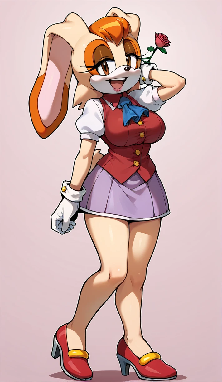 vanilla the rabbit, 1girl, solo, breasts, looking at viewer, smile, short hair, open mouth, skirt, brown hair, shirt, gloves, dress, standing, full body, flower, short sleeves, puffy sleeves, collared shirt, white gloves, rabbit girl, vest, arm up, high heels, puffy short sleeves, ascot, buttons, happy, pink background, pink dress, furry, pink flower, arm behind head, red vest, body fur, blue ascot, rabbit ears, animal nose, brown eyes, animal ears, furry female, sonic the hedgehog \(series\), orange hair, perfect anatomy, roses, red vest, puffy sleeves, purple dress, sexy body, thick legs, Big breasts