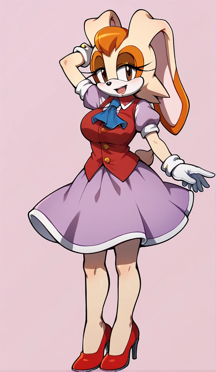 vanilla the rabbit, 1girl, solo, breasts, looking at viewer, smile, short hair, open mouth, skirt, brown hair, shirt, gloves, dress, standing, full body, flower, short sleeves, puffy sleeves, collared shirt, white gloves, rabbit girl, vest, arm up, high heels, puffy short sleeves, ascot, buttons, happy, pink background, pink dress, furry, pink flower, arm behind head, red vest, body fur, blue ascot, rabbit ears, animal nose, brown eyes, animal ears, furry female, sonic the hedgehog \(series\), orange hair, perfect anatomy, roses, red vest, puffy sleeves, purple dress, sexy body, thick legs, Big breasts