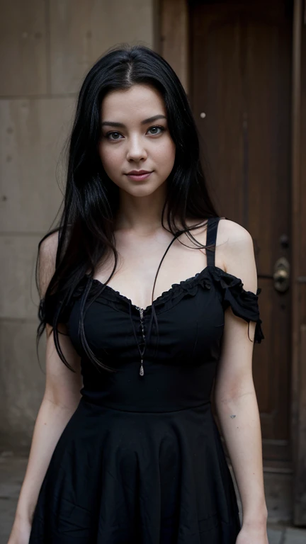 a goth woman with long black hair and bangs. large round breasts in a very low cut shirt