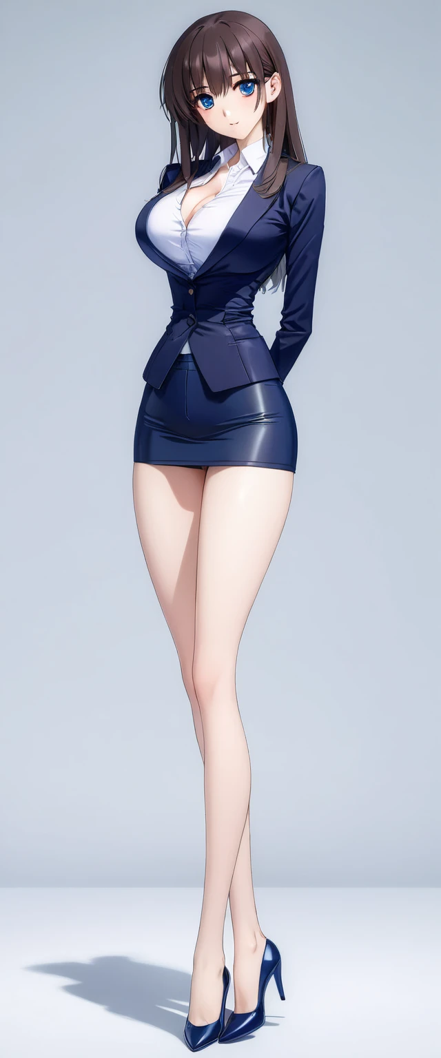 Megumi Kato,  1 girl , Alone, bangs,  brown hair, (((Female lawyer, ( formal suit micro mini skirt that shows only a little bit of crotch,  High Waist Micro Mini Pencil Skirt ,  white shirt,  strict navy blue jacket),Big Breasts、 cleavage、Thin legs)))、 perfect body,  Anime Virtual YouTuber Full Body Model, ((Full body of a single character,  standing in a splendid posture , short!,  full body shot超詳細))、 skinny, Alone, 1 female,   Masterpiece ,   best quality ,   best quality , 16k,  Incredibly Ridiculous,  high definition, 2.5D, AI-generated, Delicate and dynamic,  Very delicate facial expression,  delicate eye depiction,  Erotic , only  sexy woman, ((A cute and kind face)),((((Beautifully detailed eyes、 beautiful detailed eyes))))、 Healthy body shape, ((25-year-old woman)), Height: 170cm,  Moderately Firm Swaying Bust , sexy, (( Thin Thighs )),,  shiny, 視聴者にfrontを向いている, smile, ((Oily_skin)), (((( full body shot、 middle hair )))),  Erotic  pose,  fashion model posing with faded gray hair,   fashion model style DJ, (((micro mini length pencilskirt、front、You can fully see your thighs 、Very thin thighs、Long beautiful legs、 thin hips in a hotel、痩せていてBig Breasts、 Navy Blue Flawless Micro Mini Pencil Skirt)))、whole body、entire body、full body、total body、((((CowboysHot、downwards、from front、 simple background))))、(( sexyポーズ))、[white lace panties]