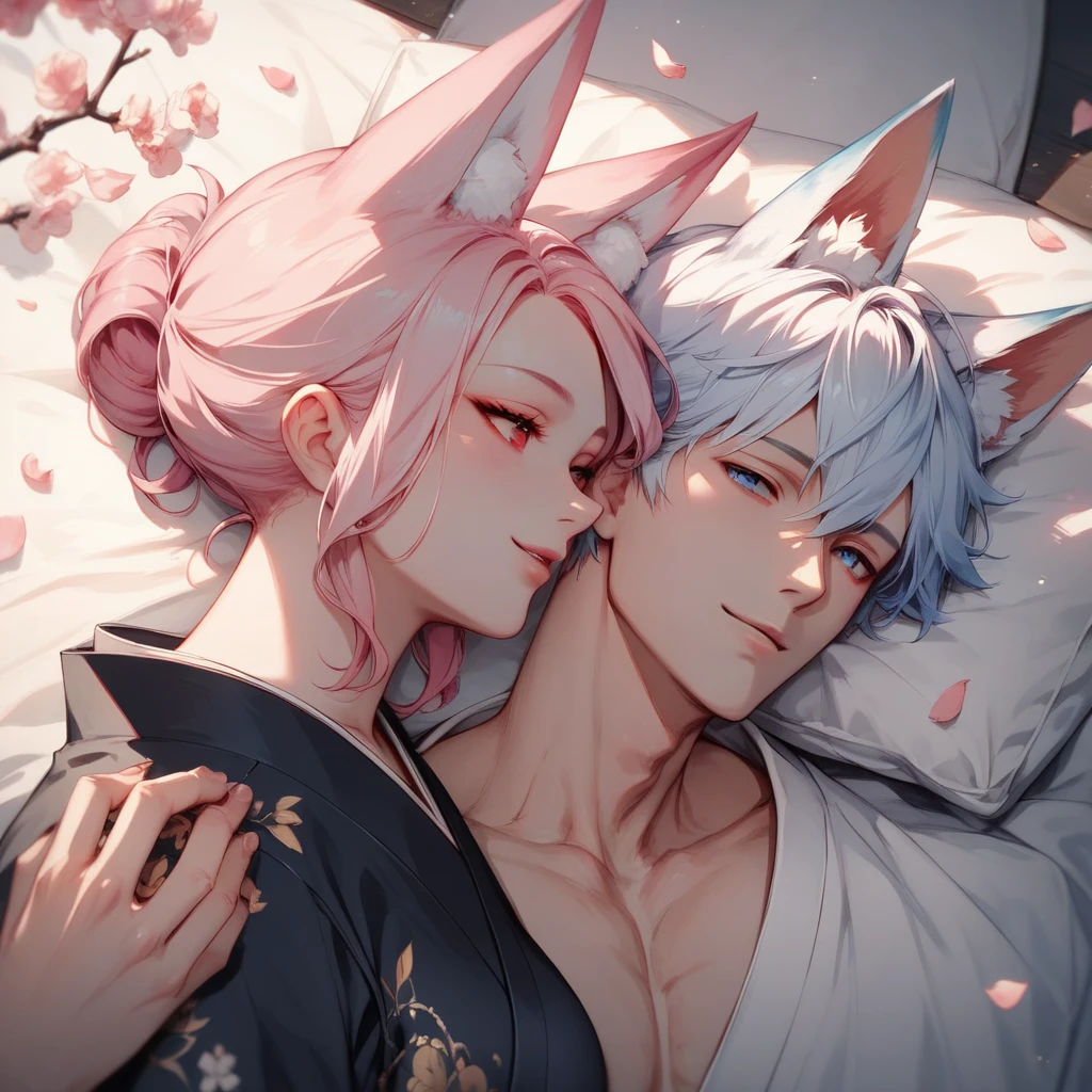 2 characters, ((First female, Long pink hair, Fox ears, Blue eyes)), White kimono with pink and blue accent, ((Second Male Short white hair, Fox ears, Red eyes)), Black Kimono with white accent, Cuddling, Modern bedroom