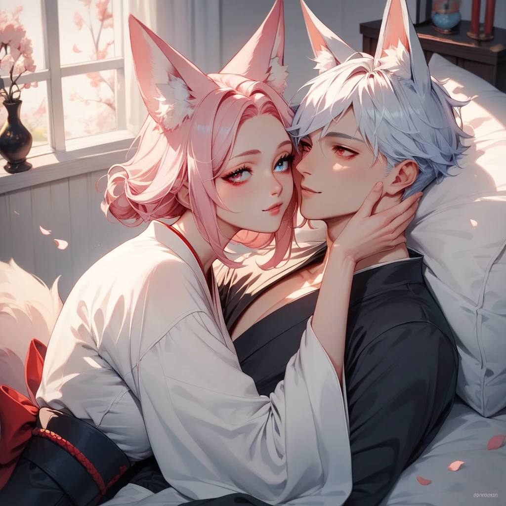 2 characters, ((First female, Long pink hair, Fox ears, Blue eyes)), White kimono with pink and blue accent, ((Second Male Short white hair, Fox ears, Red eyes)), Black Kimono with white accent, Cuddling, Modern bedroom