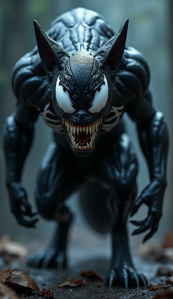  a  dangerous black dog, dog wear Venom's costume, dog open his mouth for biting  and Venom standing beside the dog Venom hold dog collar in hands 