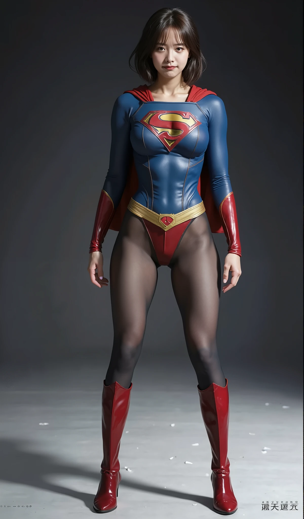No background、(((Beautiful legs in black tights.)))、(((Legally express the beauty of your smile)))、((((Make the most of your original images)))、(((Supergirl Costume)))、(((Beautiful short bob hair)))、(((suffering)))、(((Please wear black tights....、Wear red boots)))、((Best image quality、8k))、((highest quality、8k、masterpiece:1.3))、(((Preserve background )))、Sharp focus:1.2、Beautiful woman with perfect figure:1.4、Slim Abs:1.2、Wet body:1.5、Highly detailed face and skin texture、8k