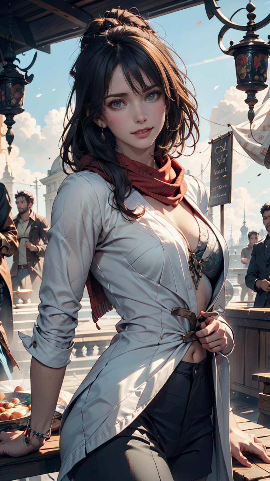 best quality, masterpiece, 4k, absurd res, UHD, ultra-detailed, detailed eyes, detailed skin, detailed hair, detailed face, (face of Dua Lipa:Alicia Vikander), detailed fabric, (1 young beautiful girl, solo:1.1), working class hero, riot in the background, comunist, ragged clothes.