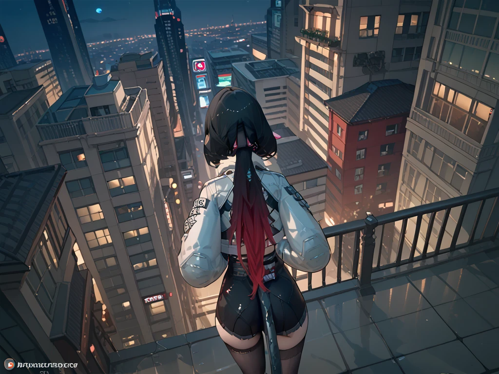 janedoe- zzz, aqua eyes,long hair,black hair,red hair,animal ears, shot from behind, above the building,looking the city ,at night