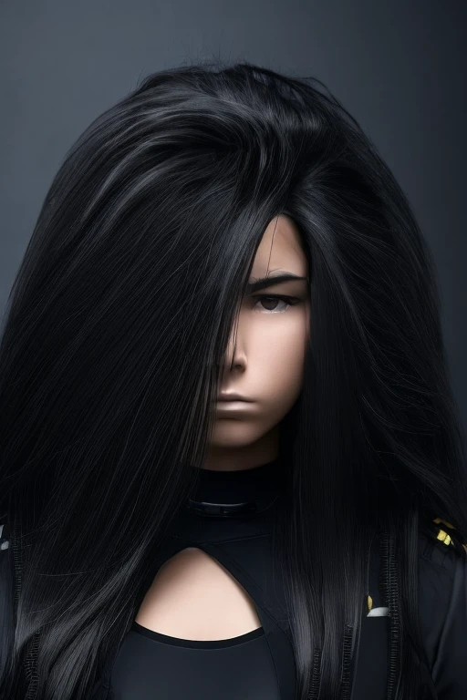 jet black hair,most very long hair,most very lion hair,most very wolf hair,most very frizzy hair,coarse hair,most very spread hairstyle,thick hair,fluffy hair,most very heavy weight hair,woman's hair is covering all left eye,heavy looking hairstyle,most very voluminous hair,shiny jet black hair,female jail officer,black uniform,a heavy-looking uniform,black pants,tall woman,woman's height 2.5m,most very strong face,most very angry face,blue eyes,very close-up to face,most very muscle body,most very beautiful face,show more hair,high resolution,white background