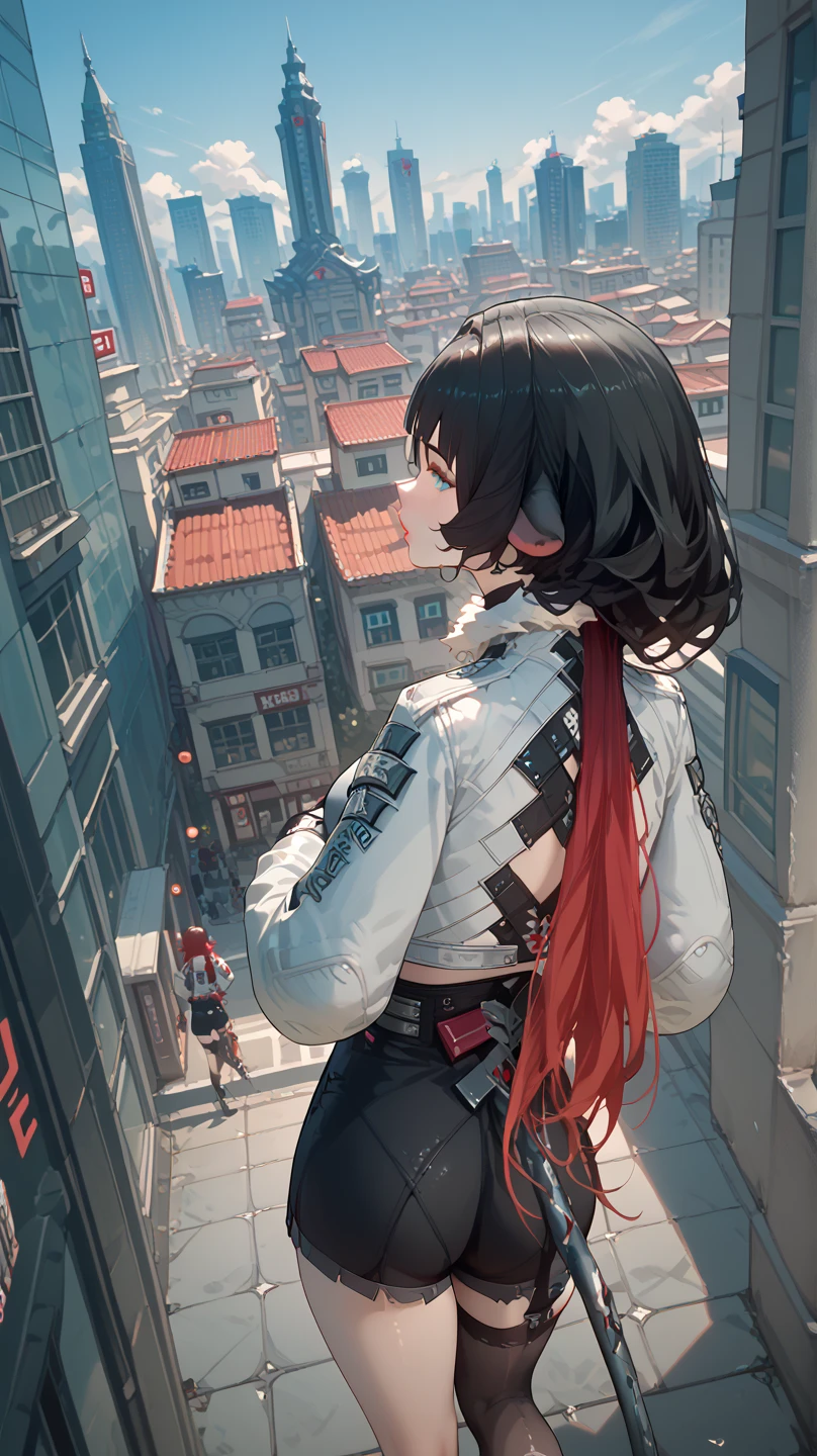 janedoe- zzz, aqua eyes,long hair,black hair,red hair,animal ears, shot from behind, above the building,looking the city 