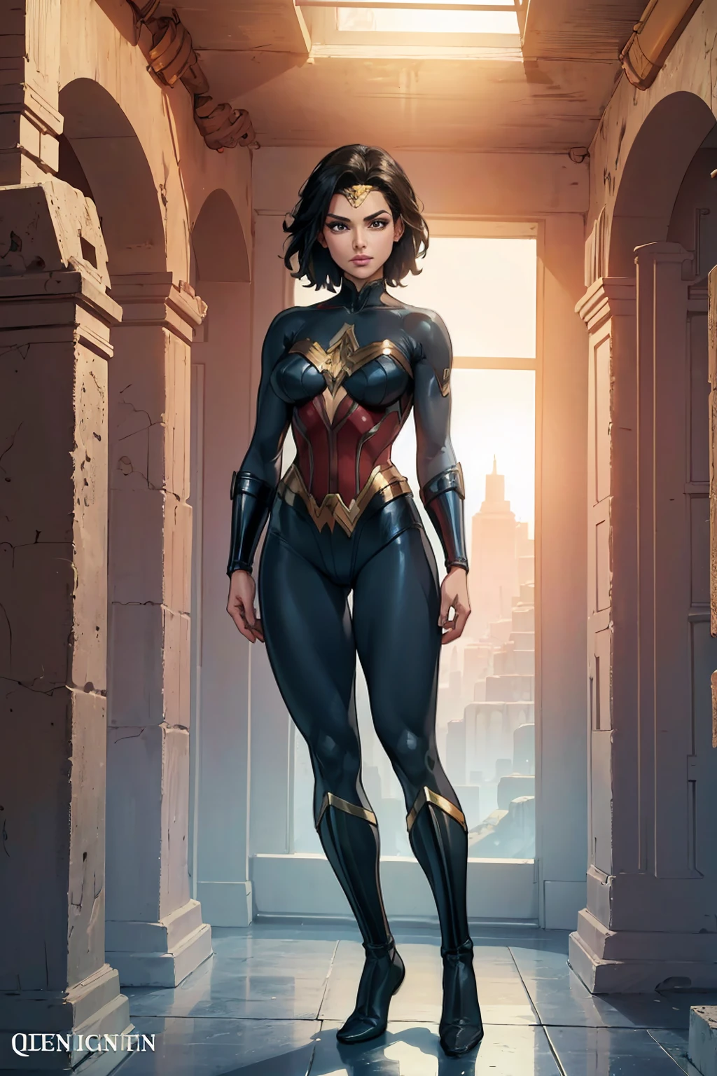 ((photo by full body, standing, Feet on the ground)) Wonder Woman (art, Best quality, absurd, 4K, aesthetics,detailed face, perfect eyes, perfect face, detailed, complex, Perfect lighting) 1 girl with fair skin, short shaved dark hair, wears all black futuristic bodysuit, queen of an alien race, warrior, gentle smile