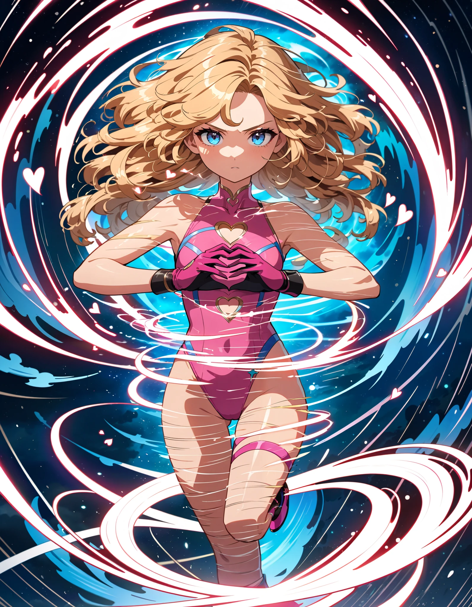 ((masterpiece)), ((best quality)), ((high res)), 1girl, solo, solo focus, (leotard, perfect leotard, pink leotard, sleeveless, bare legs), matching boots, looking at the viewer, blue sky backdrop, hand, perfect hands, complete fingers, perfect anatomy, medium breasts, (blonde hair, long hair, mid-length hair, hair down, bangs), knee boots, blue eyes, beautiful detailed eyes, beautiful detailed face, cute face, (cleavage heart cutout), pink gloves, pink footwear, superhero, heroic, spread arms. spins in place like a tornado. she spins at an incredible speed, creating a whirlwind of air around her. spiral lines around her body, cyclone winds around, tornado spinning. full body with costume