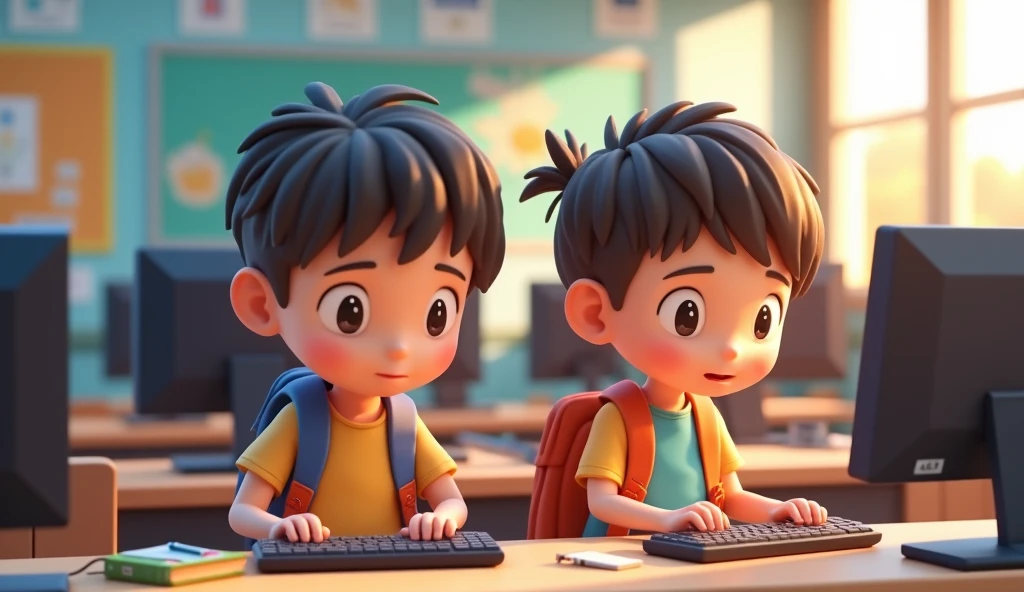 there are two boys sitting at desks in a classroom, animation style render, animated film, animation still, cg animation, arte renderizada, promotional render, award winning animation, animation film, animation, cg render, Cartoon style illustration, animado ainda, renderizado em corona, animation film still, 3 d animated movie, rendered illustration, animation film, CG rendering, 3 d desenho animado