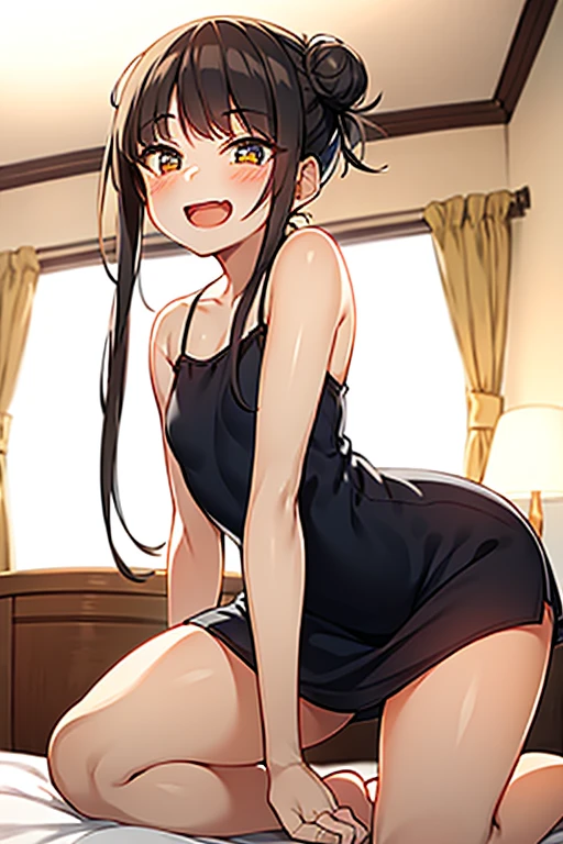 (( best quality)), ((masterpiece)), (be familiar with),  perfect face, indoor, bedroom,  viewer,
One woman, I was,
 open mouth,  ecstatic expression with hands in front of body, blush, smile,
 small ,  flat chested, Young girl, Lori,  kids,  girl,
 long hair, Twin bun hairstyle,
Leg spread,