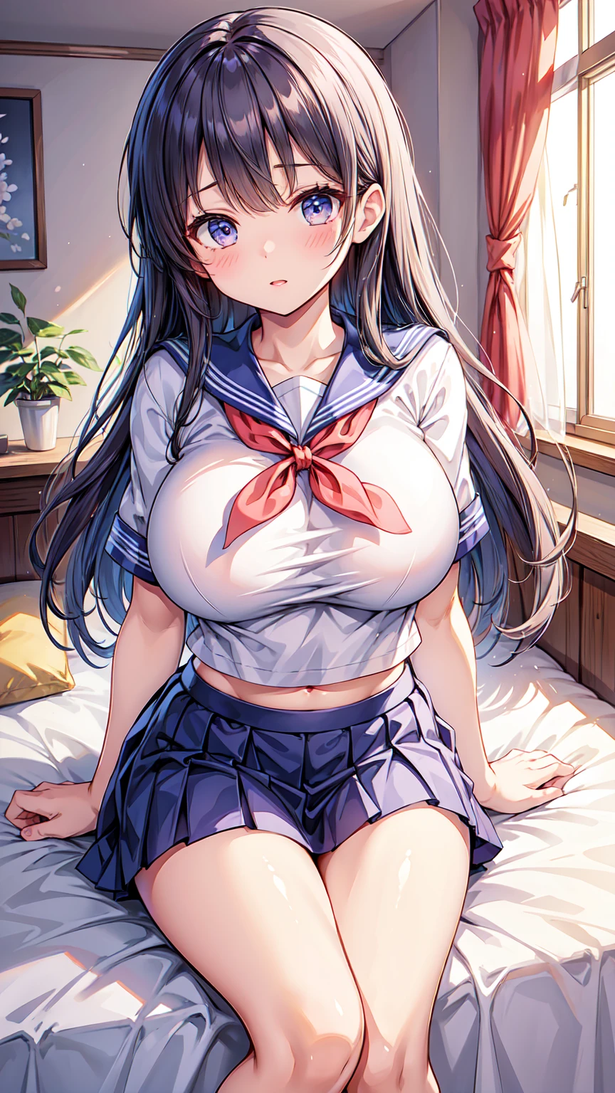 Clearly a woman、(miniskirt sailor)、Big Breasts、 Long Hair、bedroom