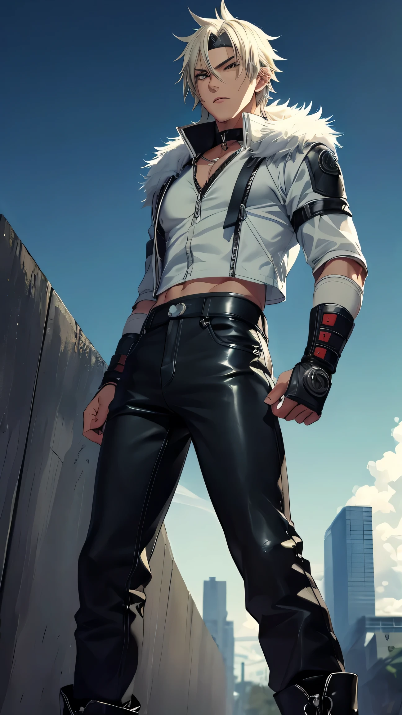 Robin inazaki from tenguko dimakyo, wrestling ring background , skinny , messy hair , jacket wiyh big furry collar beneath it a black shirt short , tight jeans making his crotch prominently views . Tight on his balls , body shot