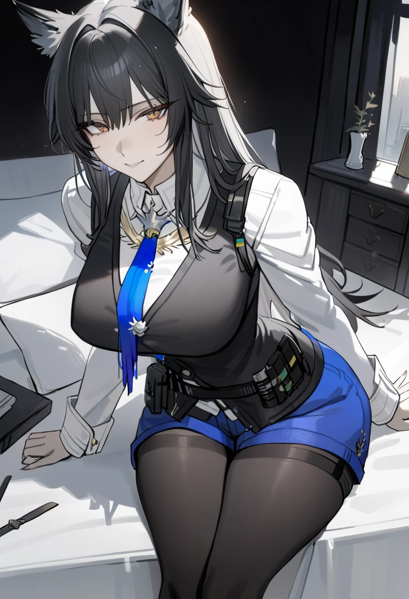  1 girl , Texas the Omertosa \( Arknights ),  Arknights ,  with wolf ears ,  black hair,  yellow eyes,  clevis,  white shirt, Black vest,  blue tie,  blue shorts ,  black pantyhose,  Masterpiece ,  best quality