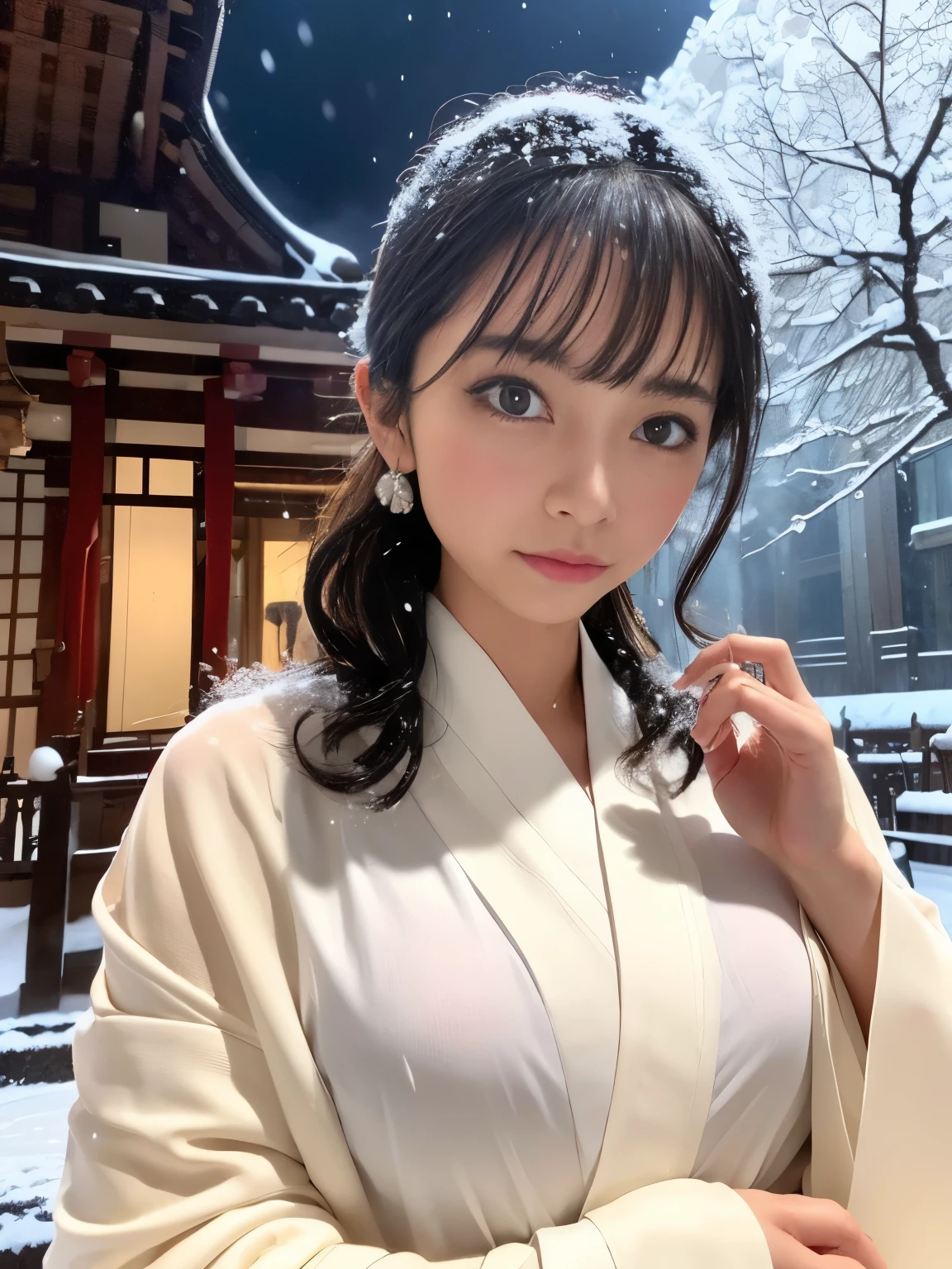 (RAW shooting,  photorealistic:1.5, 8k,  best quality,   Masterpiece ,  super high resolution), ((((heavy snow, storm)))),  I had a dog collar around my neck  :1.3,  perfect dynamic configuration:1.2, (At night in front of a shrine in a modern city,  Expressions of sadness :1.0, Tears flow:1.0, Crying with a broken heart:1.0),  slim office lady holding a bouquet of wet camellias is wet in the rain:1.3,  cowboy shooting,  white skin:1.2,  SEXY BEAUTY :1.1,  Perfect Style:1.2, beautiful、And aesthetic :1.1,  とてもbeautiful顔 :1.2, Droplets of water on the skin , (Rain drips all over my body:1.2,  wet body:1.2,  wet hair :1.3), ( professional kimono dressing at night in front of a shrine in a modern city:1.1, 濡れた椿の花束を持って:1.2, The correct way to wear a wet pure white kimono:1.3), ( medium chest, The bra is see-through, Chest gap),  (beautifulエロスを感じる目:0.8, Overly sensual:0.8,  seductive :0.8),  Necklaces ,  earrings for a woman alone,  bracelet on nipple, Wedding Rings,  Extremely Detailed and Accurate Hand and Finger Expression 