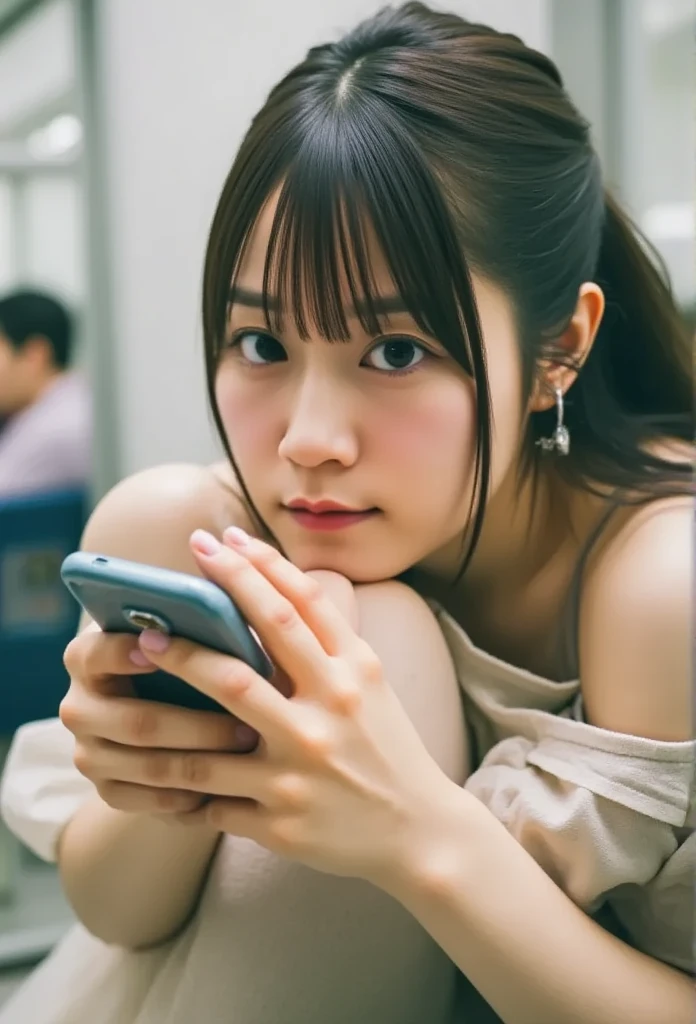 電車で一人座っている日本の女子大学生が、足を組みながらスマートフォンを見ている, 1人の女の子, ソロ, 高解像度, 視線を向ける, 傑作, 解剖学的に正しい, 最高品質, 高いディテール, 高品質, 質感のある肌, 超高精細, 

