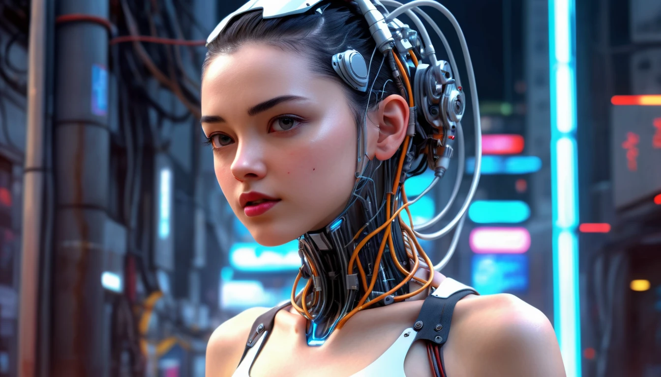 ((1 cybernetic girl)) (mechanical made limbs s:1.2),((mechanical limbs)),(blood vessels connected to tubes),(mechanical vertebra attaching to back),((mechanical cervical attaching to neck)),expressionless,(wires and cables attaching to neck:1.2),(wires and cables on head:1.2),(character focus), (((masterpiece))), (((best quality))), ((ultra-detailed)), (highly detailed CG illustration), ((an extremely delicate and beautiful)),cinematic ,science fiction,extreme detailed,colorful,highest detailed, loongs,fengs, cyberpunk city background. INFO