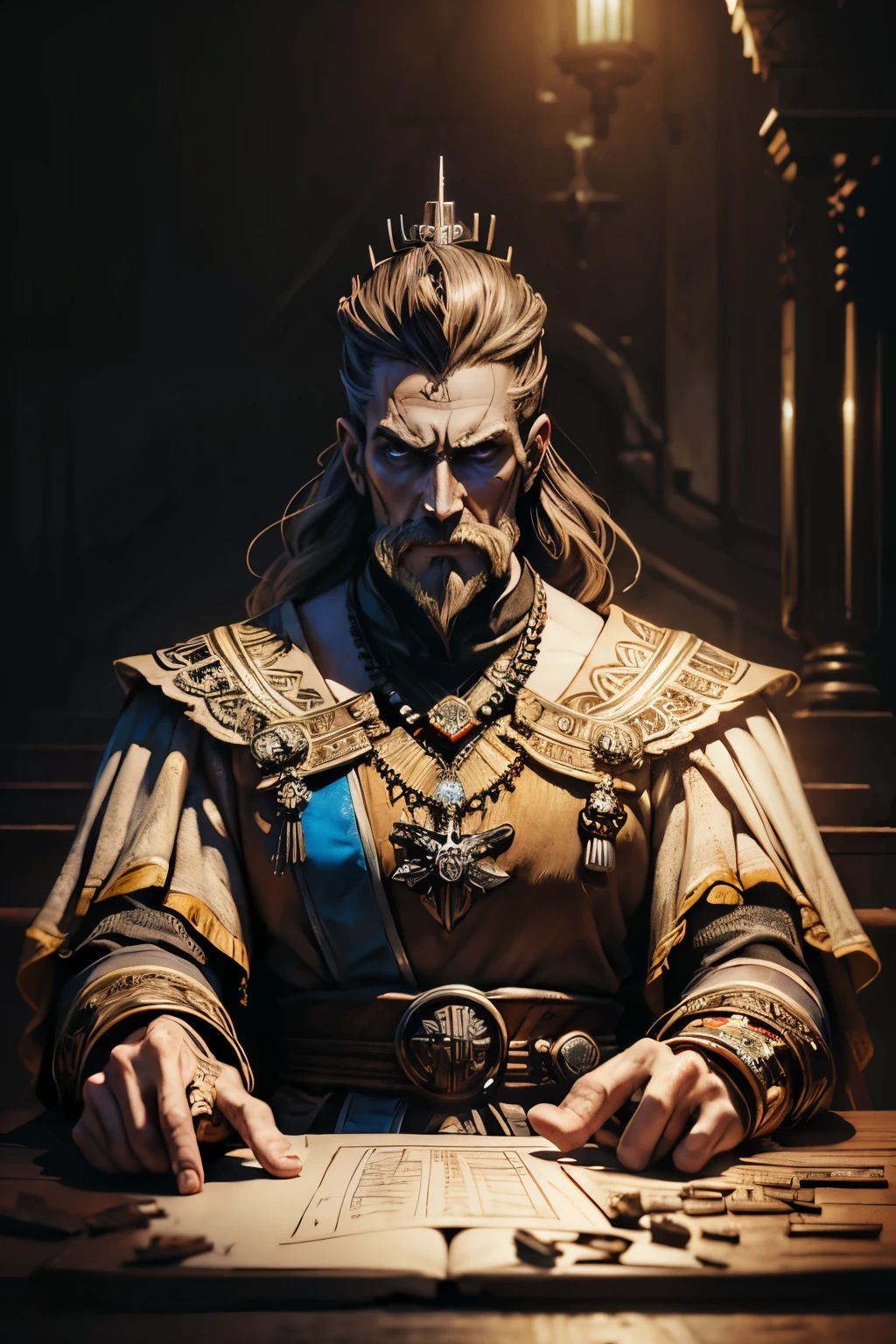 ( original ink art :1.2), ( linear drawing:1.31), (fine-details :1.3), Formato RAW,   (1 man,  skinny adult German male:1.2),  silver eyes,  brown hair , short mustache,
portrait,  focus of the character ,  looking up , Alone,  upper body, detalheed background, detailed face, (CircuitBoardAI,  electronic theme :1.1),  royal imperial ruler ,   sitting on stairs,  stoic expression ,  royal bedroom background ,  Symmetric composition ,  side lighting ,  cinematic atmosphere , shadows,    jewelry, Regalia,