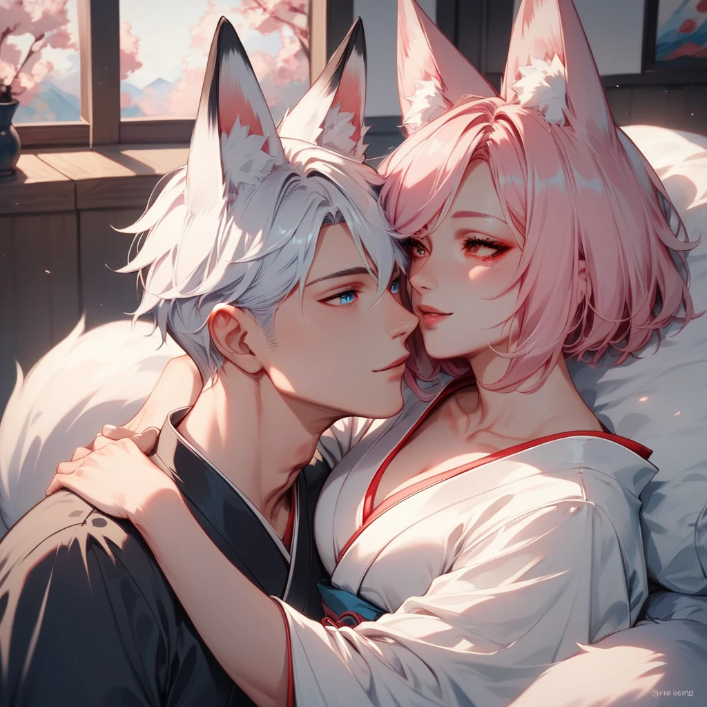 2 characters, ((First female, Long pink hair, Fox ears, Blue eyes)), White kimono with pink and blue accent, ((Second Male Short white hair, Fox ears, Red eyes)), Black Kimono with white accent, Cuddling, Modern bedroom