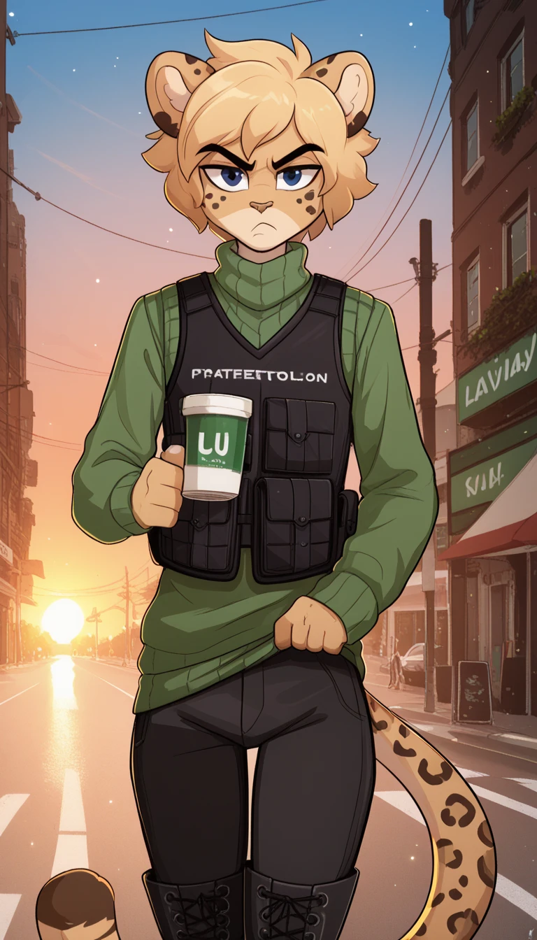 masterpiece, best quality, angry expression, 1 boy, anthropo, hair, fluffy hair, leopard boy, leopard ears, animal nose, eyes make up, green eyes, leopard tail, blonde hair (thigh high military boots for boy with black details), short hair, alone, (I was quiet), (night), detailed, (long pink shirt, black sweatpants), serious, selfie, high angle camera, looking at viewer, gun sign, (kilinah), score_9, score_8_up, score_7_up, score_6_up, score_5_up, score_4_up