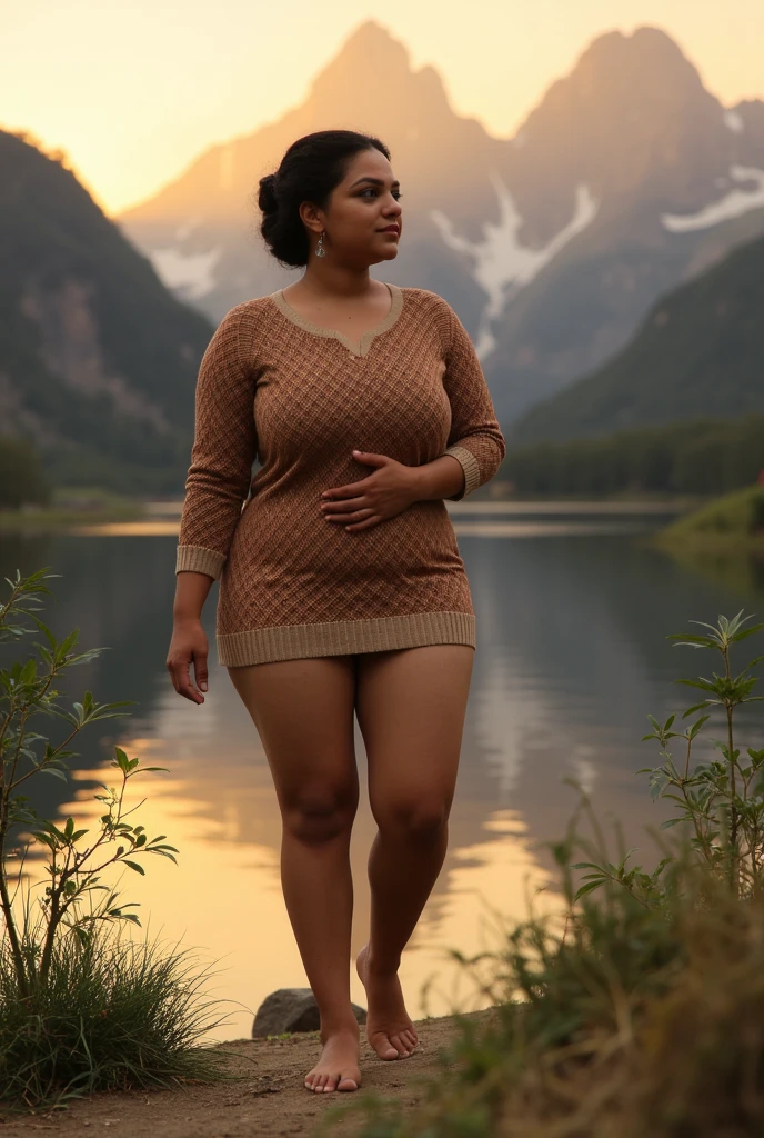 a short and chubby beautiful indian girl with large breasts wearing a beautiful very short sweater walks  barefoot near a lake near some mountains at golden hour