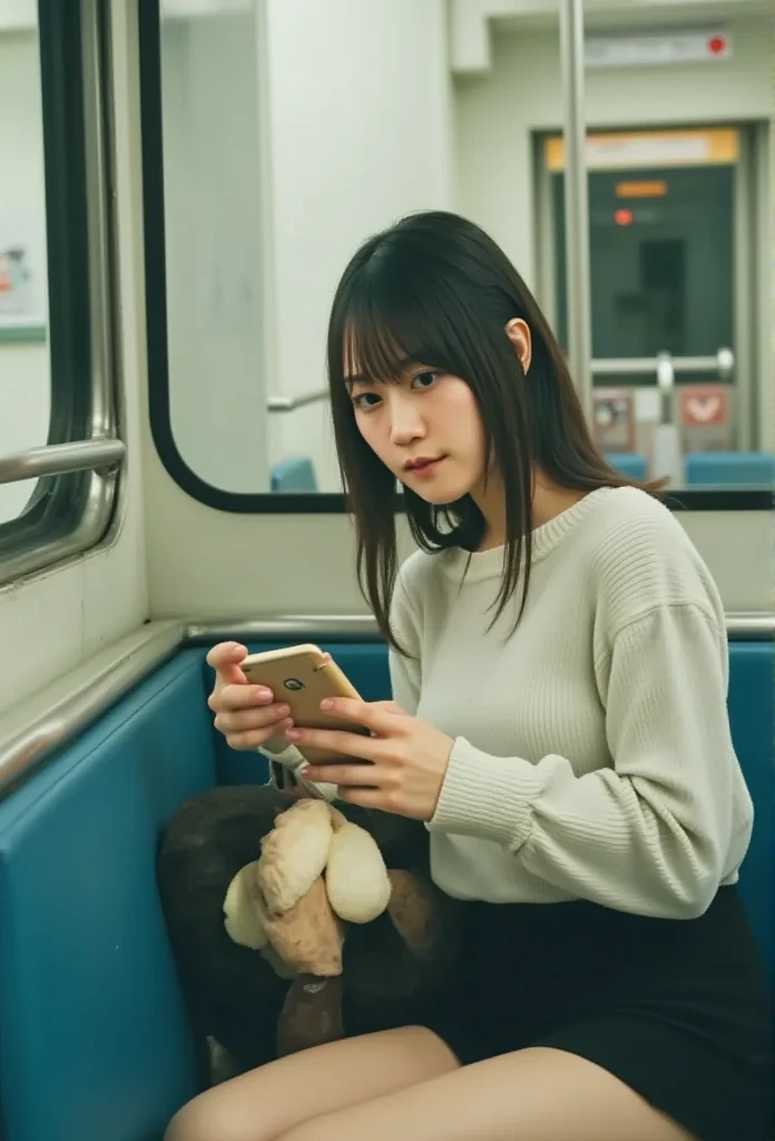 Japanese female college student sitting alone on a train、 looking at my phone,  1 girl , solo,  high definition ,  looks at you, masterpiece,  Anatomically Correct, 最 High Quality ,  high detail,  High Quality ,  textured skin,  Ultra High Definition, 

