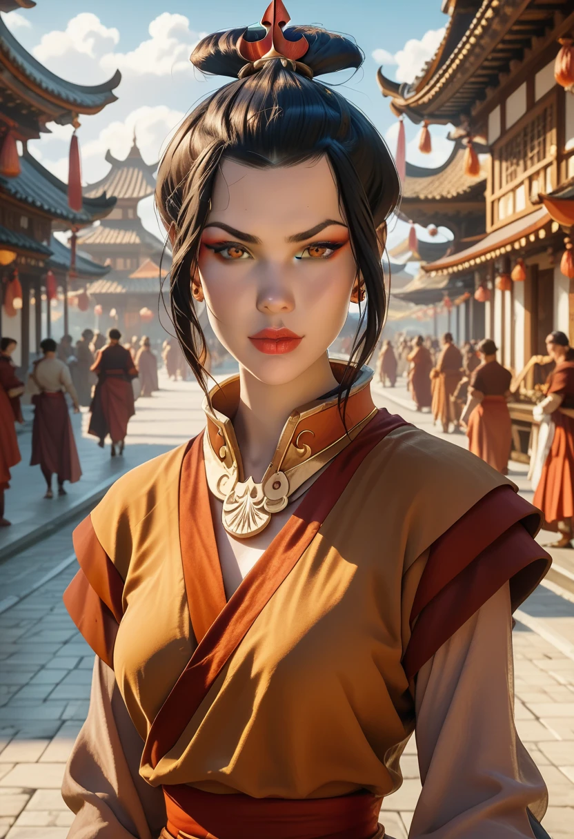 Beautiful, Masterpiece, Best Quality, extremely detailed face, perfect  lighting, Cowboy shot, 1girl, Azula, the perfect body, taut clothes, seductive, pomade, makeup, looking a viewer, wide thighs, d3t41l3d